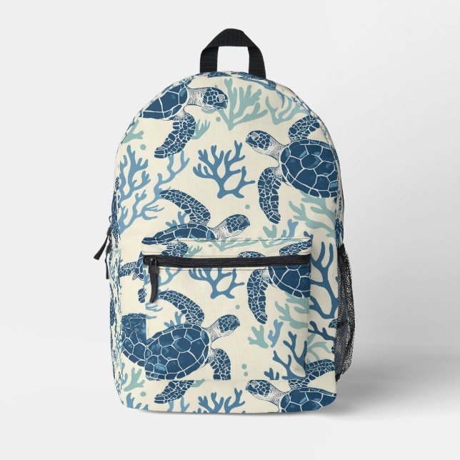 Graceful Sea Turtle and Coral Design Printed Backpack (Front)