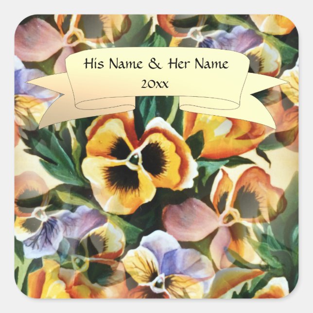 Graceful Stylish Gorgeous Pansies Personalize Square Sticker (Front)