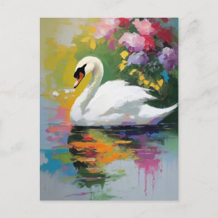 Graceful Swan Amidst Vibrant Blossoms Postcard