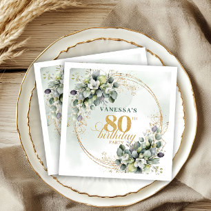 Graceful Watercolor Greenery 80th Birthday Napkins