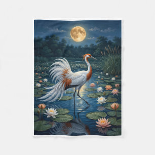 Graceful White Crane Under Full Moon Fleece Blanke Blanket