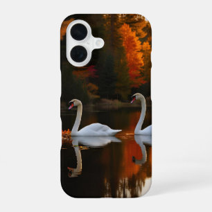 Graceful White Swans Gliding Across Autumn Pond iPhone 16 Case