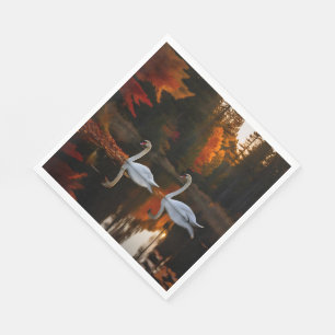 Graceful White Swans Gliding Across Autumn Pond Napkin