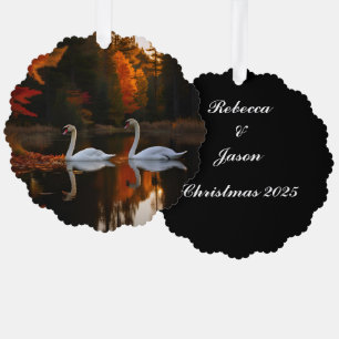 Graceful White Swans Gliding Across Autumn Pond Ornament Card