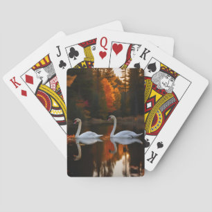 Graceful White Swans Gliding Across Autumn Pond Playing Cards