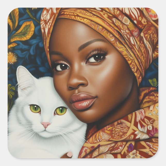 Graceful Woman with Cat Square Sticker (Front)