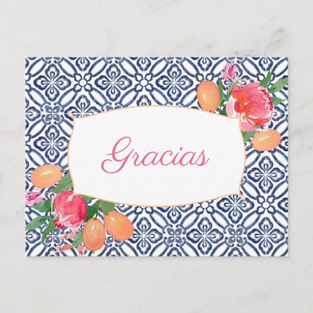 Gracias Hot Pink Citrus Spanish Tiles Thank You Postcard (Front)