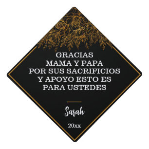 Gracias Mama Y Papa Spanish Simple golden flowers Graduation Cap Topper