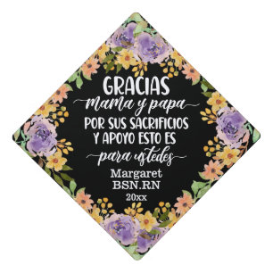 Gracias Mama Y Papa Spanish Watercolor Flowers Graduation Cap Topper