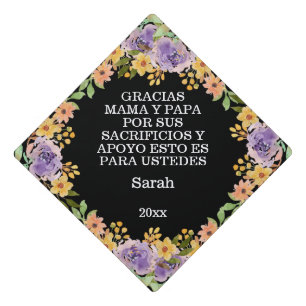 Gracias Mama Y Papa Spanish Watercolor Flowers Graduation Cap Topper
