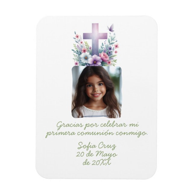 Gracias Mi Primera Comunión con Foto Flores Magnet (Vertical)