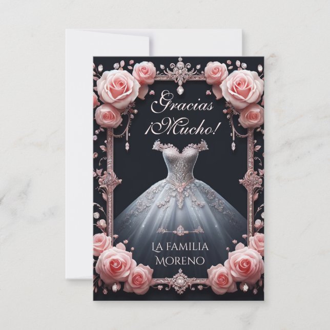Gracias Spanish Quinceañera Rose Thank You Card (Front)