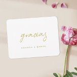 Gracias Spanish Simple Gold Script Wedding Thank You Card<br><div class="desc">This simply elegant thank you card features 'gracias' in a relaxed, warm, modern script in gold with space for your first names in gold beneath it, and it works wonderfully with a variety of occasions! The 'gracias' element of the design cannot be altered. You can change the colour or font...</div>