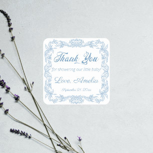 Gracious Dusty Blue Baroque Frame Baby Shower Square Sticker