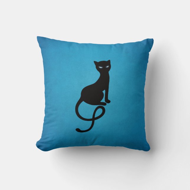 Gracious Evil Cat Silhouette - Black Kitty Blue Throw Pillow (Front)