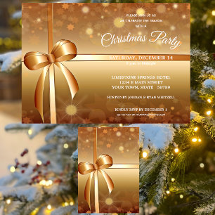 Gracious Gold, White Ribbon Bow Christmas Party  Invitation
