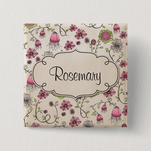 Gracious pink flowers with frame for name 2 inch square button (Front)