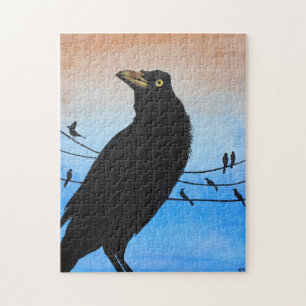 Grackle Austin Texas Black Bird Wildlife Painting Jigsaw Puzzle