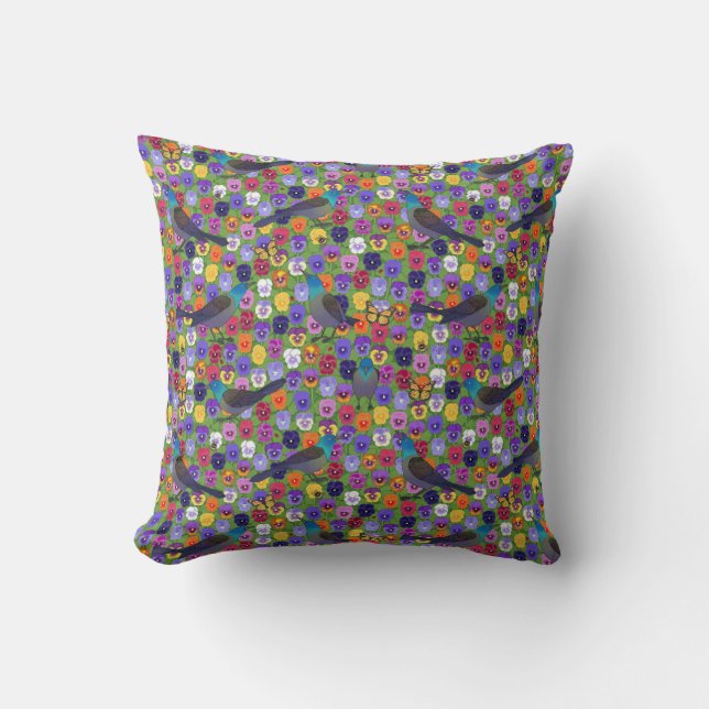 grackles and pansies throw pillow (Front)