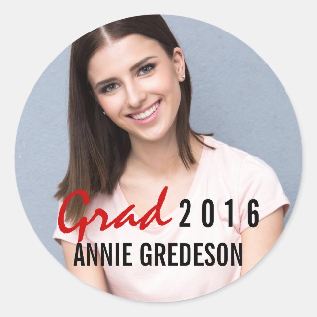 Grad 2016 handwritten modern graduation photo classic round sticker (Front)