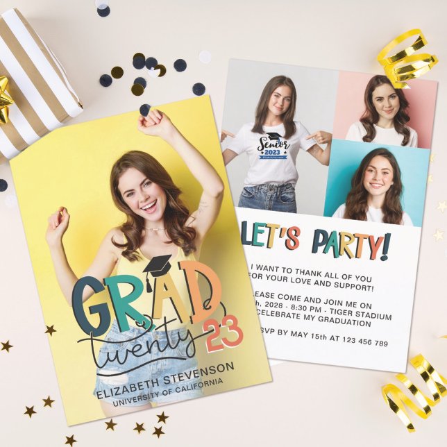 Grad 2023 retro colourful graduation party 4 photo invitation (Creator Uploaded)
