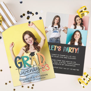 Grad 2023 retro colourful graduation party 4 photo invitation