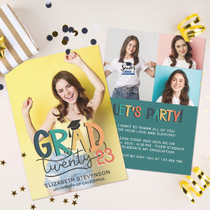Grad 2023 retro colourful graduation party 4 photo invitation