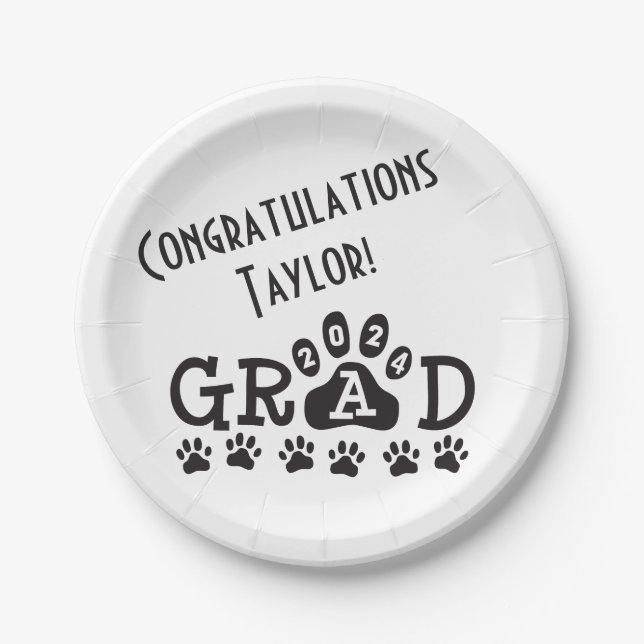 grad 2024 white black | paw prints graduation paper plate (Front)