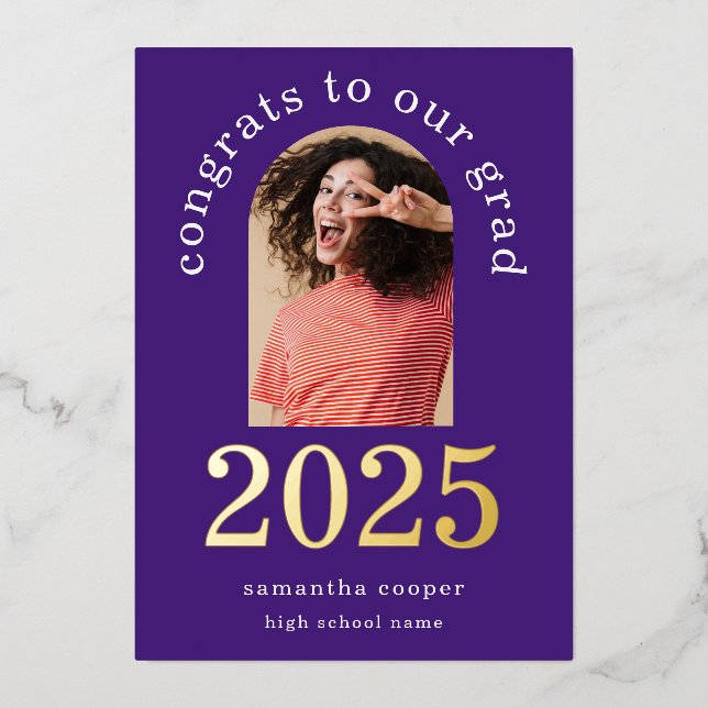 Grad 2025 Arch Photo Purple Gold Foil Faire-part (Recto)