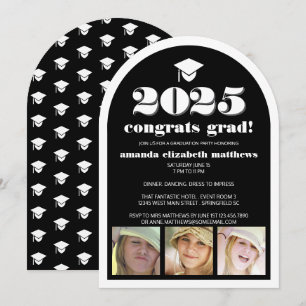 Grad 2025 Black Stylish 3 Photo Graduation Party Invitation