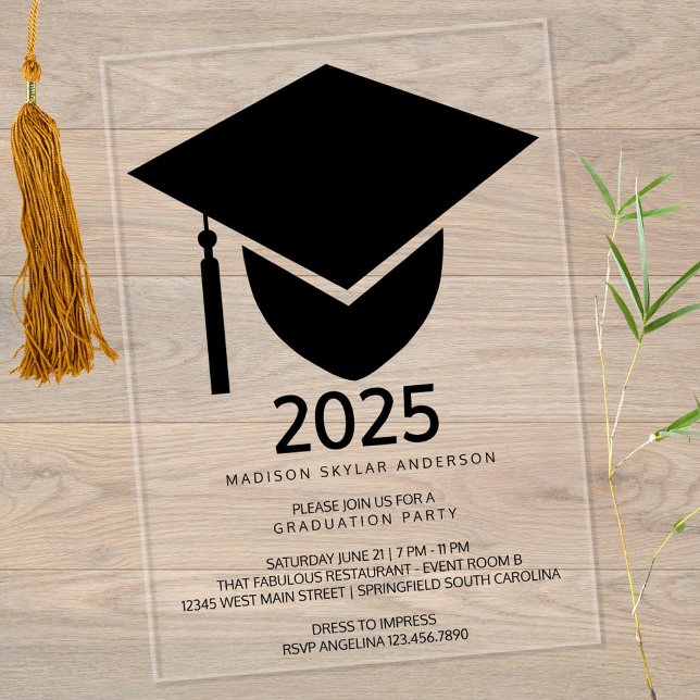 Grad 2025 Modern Formal Black Cap Graduation Party Acrylic Invitations (A bold cap & tassel in black printed on clear acrylic sets the tone for your graduation celebrations)