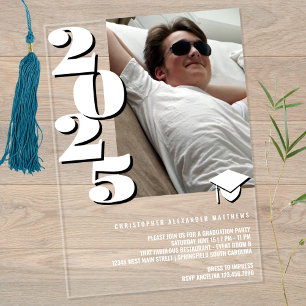 Grad 2025 Modern Photo White And Black Cool Party Acrylic Invitations