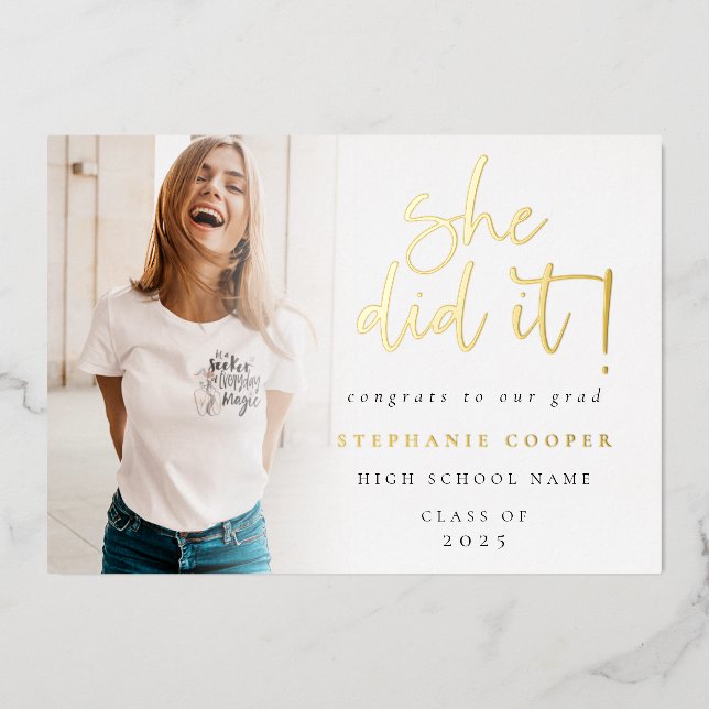 Grad 2025 Photo She Did It Gold Foil Announcement (Front)
