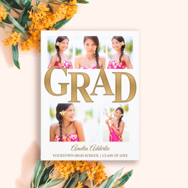 Grad Announcement Invitation White Gold 6 Photo (Creator Uploaded)