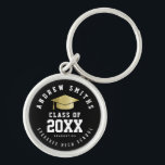 Grad black keychain with name and class year<br><div class="desc">A stylish circle graduation design with the image of a grad-hat,  personalized with your name,  class grad year and High School or University name... </div>