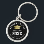 Grad black keychain with name and class year<br><div class="desc">A stylish circle graduation design with the image of a grad-hat,  personalized with your name,  class grad year and High School or University name... </div>