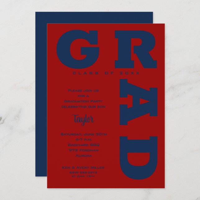 GRAD Blue on Dark Red Graduation Invitation (Front/Back)