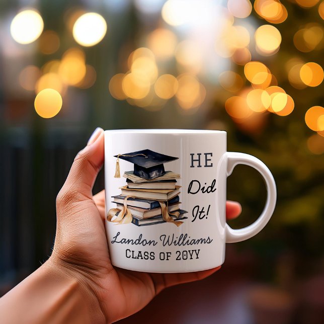 Grad Cap and Books Graduation He Did It  Coffee Mug ("HE Did It!"  Grad Cap and Books Name and Class Year Graduation Keepsake Coffee Mug)