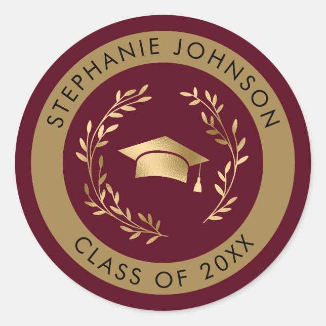 Grad Cap and Wreath Maroon Gold Class of 20XX Classic Round Sticker (Front)