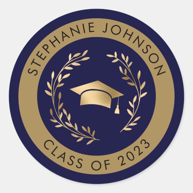 Grad Cap and Wreath Navy and Gold Class of 2023 Classic Round Sticker (Front)