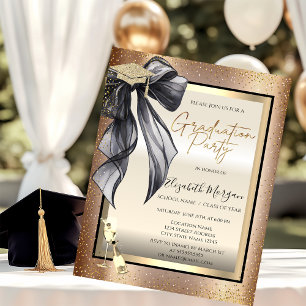 Grad Cap,Black Bow Wine Glass,Confetti Graduation Invitation