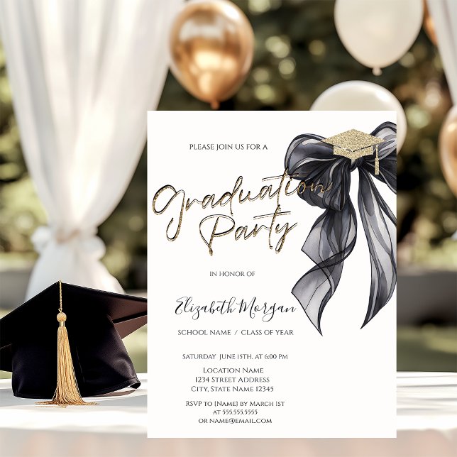 Grad Cap Black Bow Your Photo Graduation  Invitation (Creator Uploaded)
