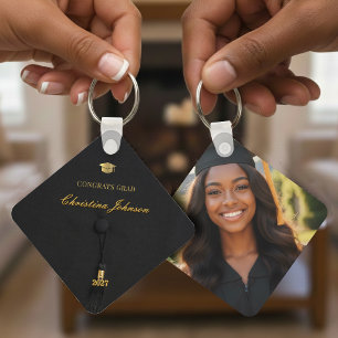 Grad Cap Black & Gold Graduation Photo Keychain
