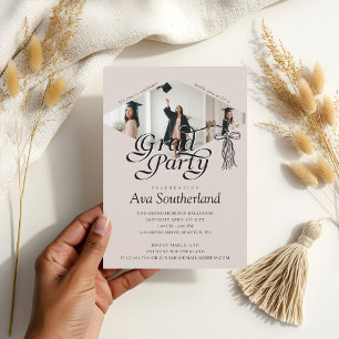 Grad Cap Bow Tassel Photo Collage Graduation Party Invitation