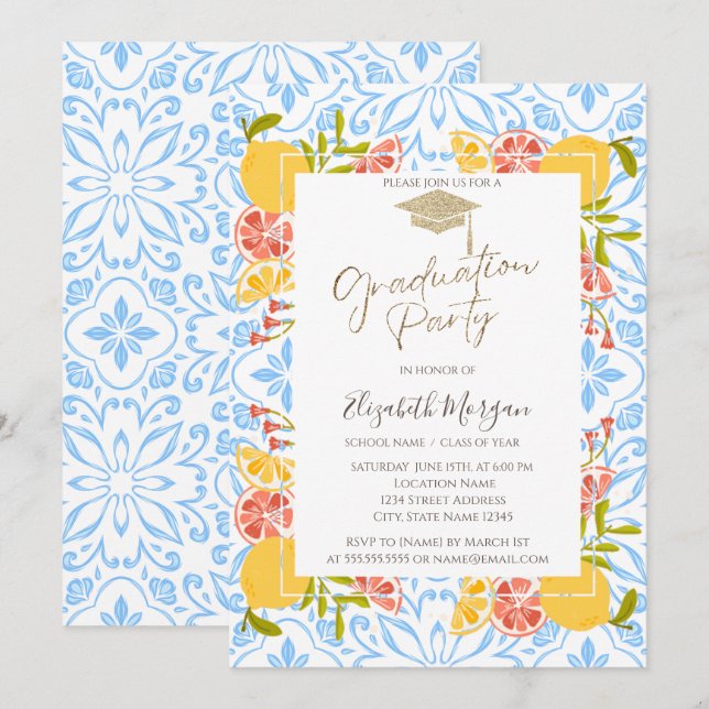 Grad Cap,Citrus Mediterranean Blue Graduation Invitation (Front/Back)