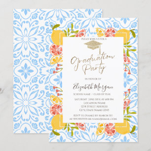 Grad Cap,Citrus Mediterranean Blue Graduation Invitation