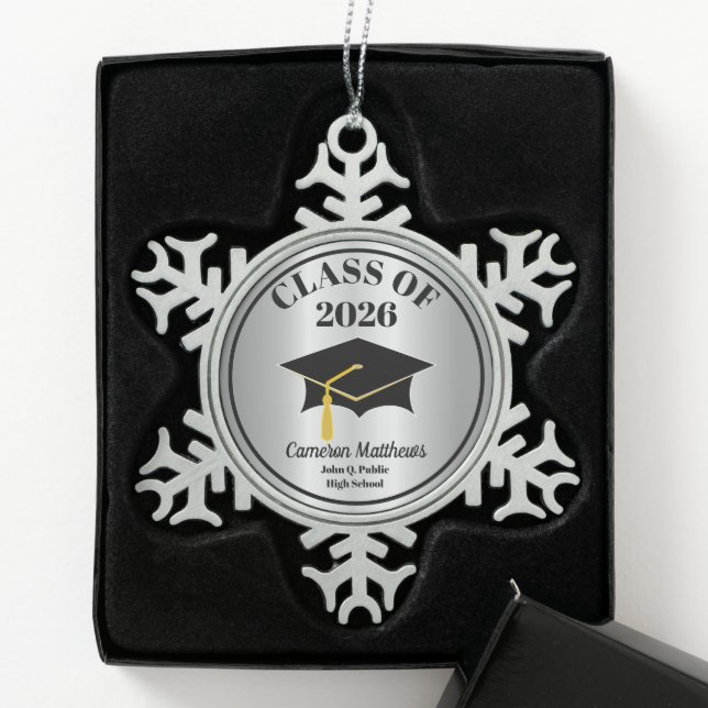 Grad Cap Class of 2026 Silver Name Graduation Snowflake Pewter Christmas Ornament (Box)