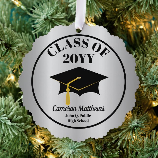 Grad Cap Class Year Silver Name Graduation Ornament Card (Insitu (Tree))