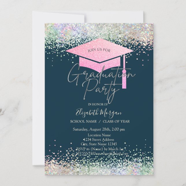  Grad Cap,Colourful Confetti Navy Blue Graduation  Invitation (Front)