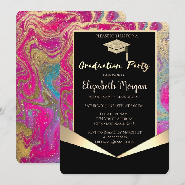 Grad Cap,Confetti Colourful Marble Graduation Invitation (Front/Back)